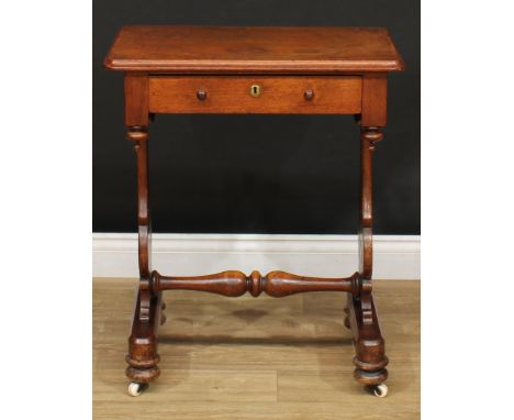 A Victorian mahogany work table, rectangular top with moulded edge above a single frieze drawer, turned underfinials to angle