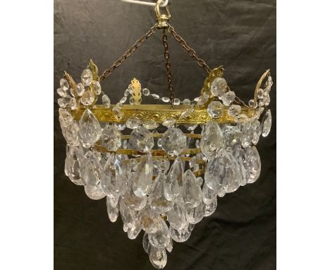A 20th century brass chandelier purse shaped ceiling light, with glass pear shaped droplets 