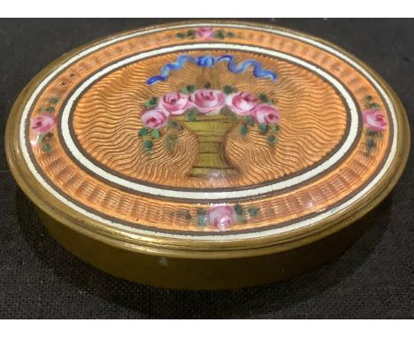 A late 19th century oval patch box, guilloche enamel cover decorated with basket of flowers, 6cm wide 