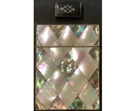 A Victorian mother of pearl and abalone card case; a papier mache snuff box (2) 