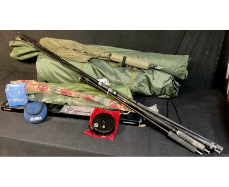 Fishing - a Carp Zone Hurricane AS two man tent; a Daiwa Mission overnighter brolly; a set of line rest; nets; Cygnet Distanc