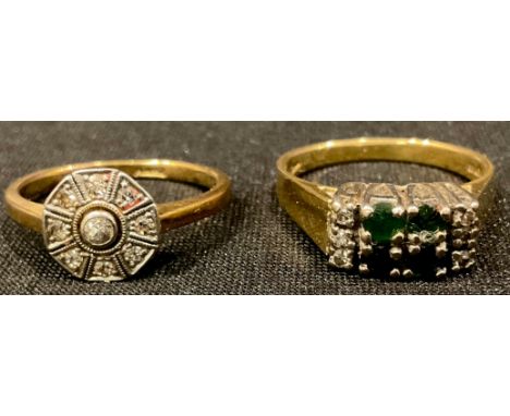 An 18ct gold diamond and emerald cluster ring, size Q, 4.7g; an early 20th century 18ct gold and diamond Art Deco style ring,