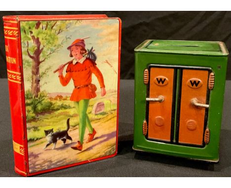 A tinplate moneybox, as a safe; a Chad Valley Dick Whittington money box (2) 