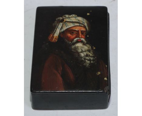 Judaica - a 19th century papier mache rounded rectangular snuff box, hinged cover painted in polychrome with Hebrew patriarch