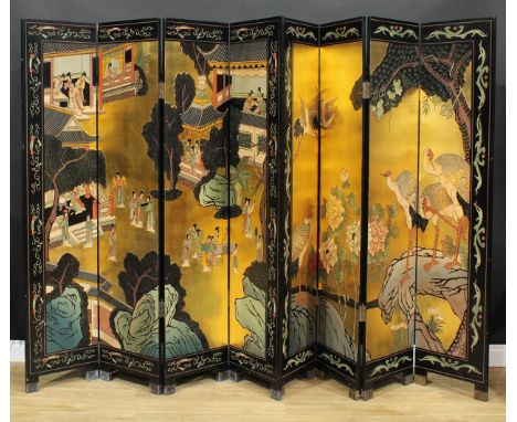 A contemporary four-fold screen, in the 18th century Chinese export black lacquer taste, 182.5cm high, each panel 40.5cm wide