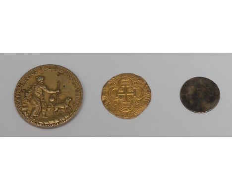 Coins - a 1516/1556 escudo type metal coin, 5.9g ; 19th century gilt Michelangelo medallion EF, also Grand Duchy of Hesse sil