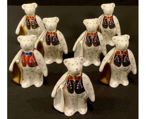 A Royal Crown Derby miniature Shopper Bear, Govier's of Sidmouth, Born To Shop at Govier's, 9.5cm; six others, Mulberry Hall 