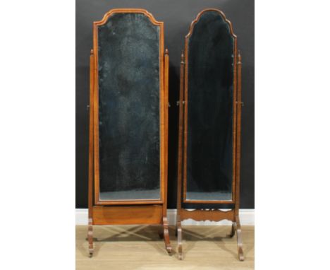A Queen Anne style walnut cheval mirror, 155cm high, 49.5cm wide; another, mahogany, 155cm high, 38.5cm wide (2) 