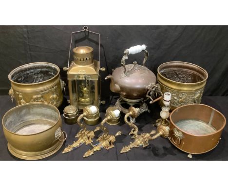 A brass lantern, By Viking, swing handle, 38cm; a copper tea kettle on stand, 40cm; copper and brass jardinières; brass wall 