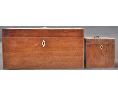 A pair of George III 19th century mahogany wooden tea caddies, one having a fitted interior with green velvet to the undersid