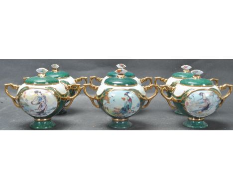 A group of six 20th century Ardleigh Elliott heirloom porcelain twin handled music boxes belonging to the 'Beauties of the Re