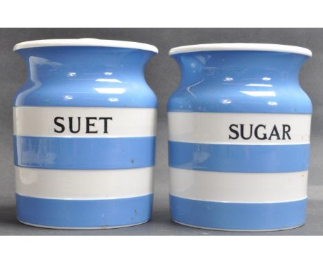 Two vintage retro 20th ceramic ceramic earthenware T.G. Green &amp; Co LTD lidded pots of a cylindrical form decorated with b