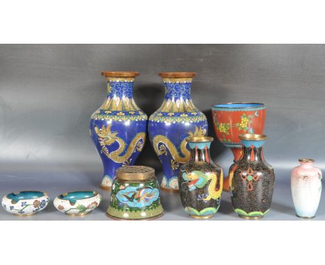 A collection of 20th century Chinese enamel wares. To include a pair of enamel dragon and flaming pearl vases ( af ) red enam