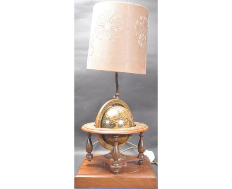 A vintage retro 20th century desk lamp in a form a wooden terrestrial globe with spring action musical movement raised on a g