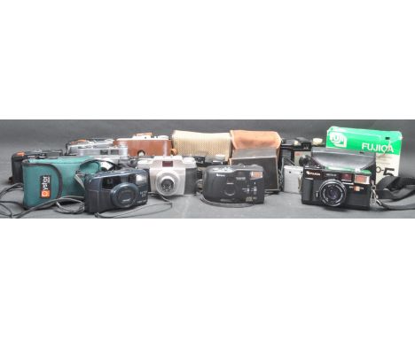 A collection of vintage 20th century and later film cameras comprising of a Pentax Espio 115 35mm, Fujica Auto-5 35mm, Kodak 