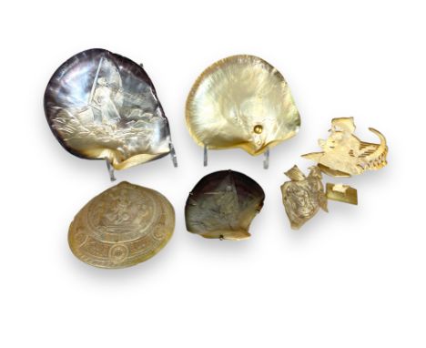 A group of mother-of pearl carved objects/ dishes Including two Far Eastern figures. (6)