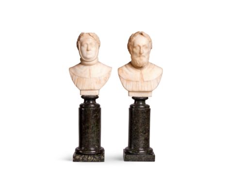 A pair of 19th century white marble busts of Aristo &amp; Petrarch
On verde antico marble plinths, each 34cm high.