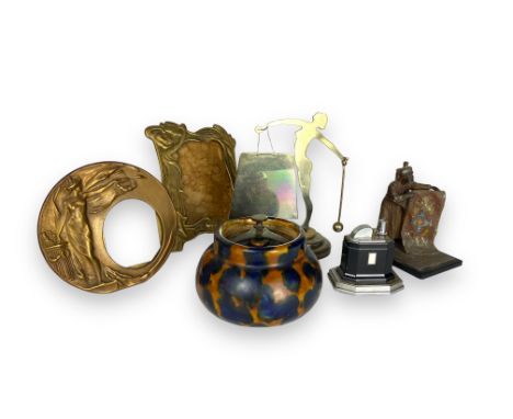 Two Art Nouveau style brass picture frames, an Art Deco brass dinner gong, a Ronson Art Deco lighter, a Russian white metal a