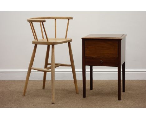 Early 20th century mahogany needlework table and child's stick back high chair (2)