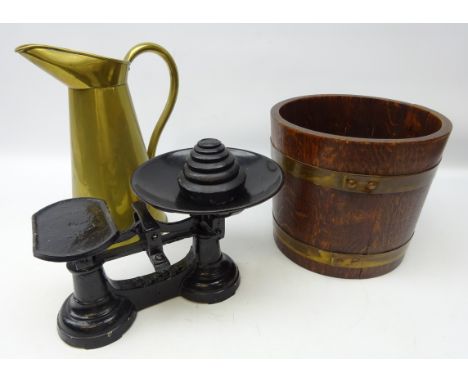 Lister coopered oak and brass bound jardiniere H23cm, brass jug and set of painted cast iron kitchen scales to weigh 7lb with