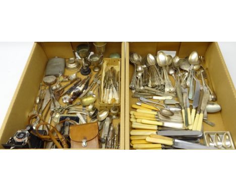 Victorian and later flatware including mother-of-pearl handled fruit knives and forks, sugar sifters, tea knives with silver 