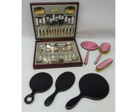 Viners silver-plated 'Kings Royal' canteen cutlery, six settings in case, ebony dressing table set and another with pink guil