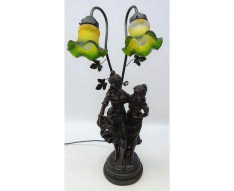 Bronzed figural twin branch table lamp with coloured glass shades, H65cm 