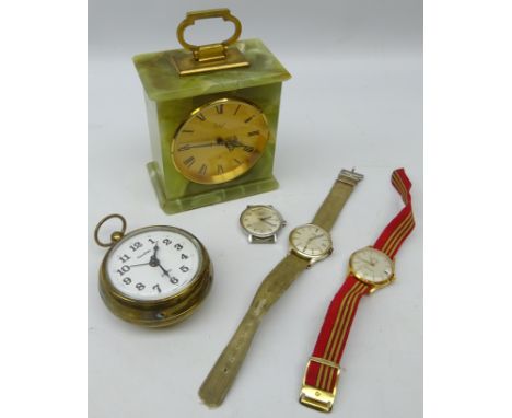 Rotary, Smiths &amp; Mudu gents wristwatches, Imhof onyx mantle clock and West German Nordtex brass cased alarm clock (5)