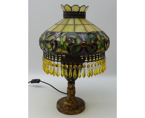 Tiffany style lamp with decorated glass shade and amber glass drops, H48cm