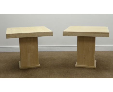 Pair square travertine lamp tables, square column support on flat base, 60cm x 60cm, H55cm