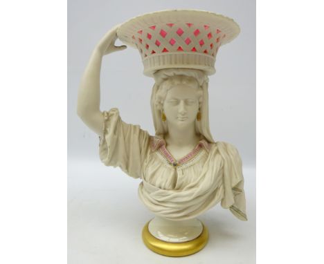 Rare Victorian Royal Worcester Parian ware figural comport 'Roman Flower Girl' shape 6//37, modelled as a half-length bust of