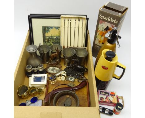 Bronzed spelter horse, The Acme Thunderer whistle, patinated goat mounted ashtray, Stratford Upon Avon matchbox, four contine