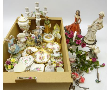 Royal Crown Derby Posies ceramics, Continental porcelain candelabra, Coalport urn shaped vase and cover with ram mask handles