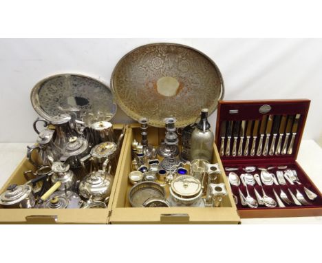 Victorian and later silver-plated matched tea ware, pair plated Corinthian column candlesticks, Cooper Ludlam bead pattern ca