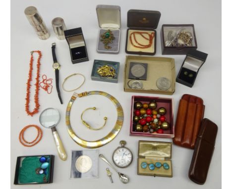 Early 20th century gilt and enamel cufflinks, boxed, coral necklaces, silver and stone set brooch, stamped Stirling, silver L