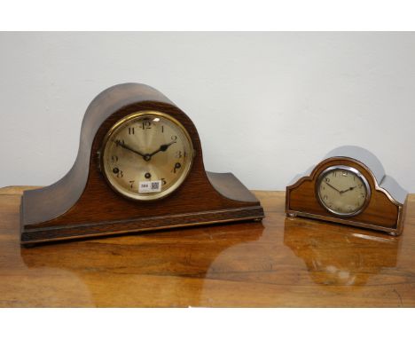 20th century arched oak cased mantle clock with silvered Arabic dial, triple train movement stamped 4304 Westminster striking