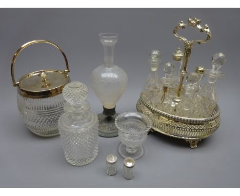 Victorian six bottle silver-plated cruet with pierced gallery and scroll handle, Edwardian crystal &amp; silver-plated biscui