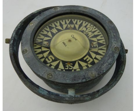 Brass cased ships compass, stamped Cook, Hull D23cm