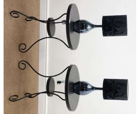 Pair black wrought metal circular occasional tables H65cm x D49cm, a pair of black ceramic table lamps and one other