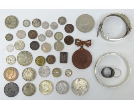 Collection of coins and miscellanea including; Queen Victoria 1887 double florin,King George V 1936 florin, King George VI 19