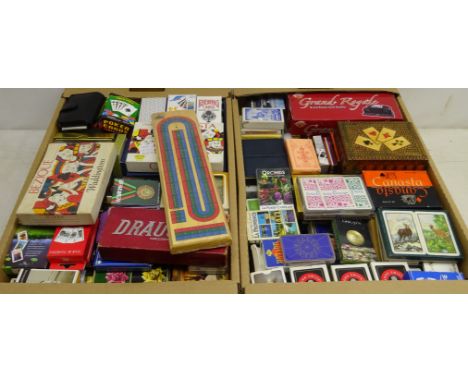 Large quantity of playing card sets, Bridge, Bezique, Draughts, Cribbage board and other sets, mainly in original packaging, 