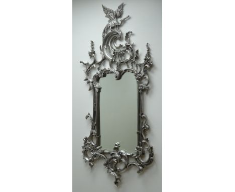 Ornate silver finish mirror with carved bird, W62cm, H143cm