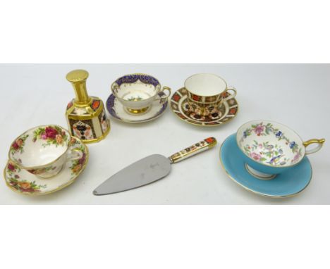 Royal Crown Derby Imari pattern bell, cup and saucer and cake knife, Royal Albert 'Old Country Roses', Aynsley and Paragon 'C