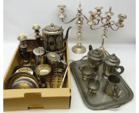 Pair silver plated three branch candelabra, 19th century spirit kettle, Old Sheffield plate, stamp box with silver top, plate