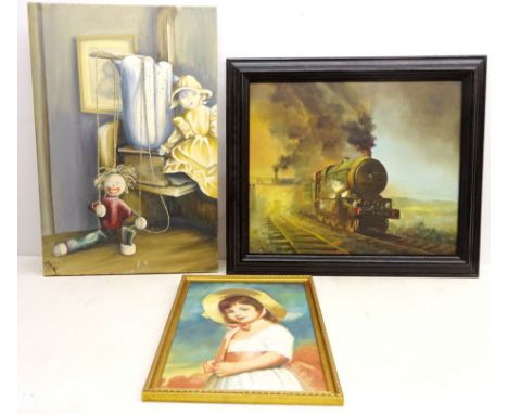 Pendennis Castle Class 4079 Steam Locomotive, 20th century oil on board signed Percy, 'Marionette type Stringed Puppet', oil 