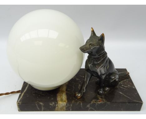 Art Deco table lamp modelled as an Alsatian with globular glass shade on a marble plinth, L20cm 