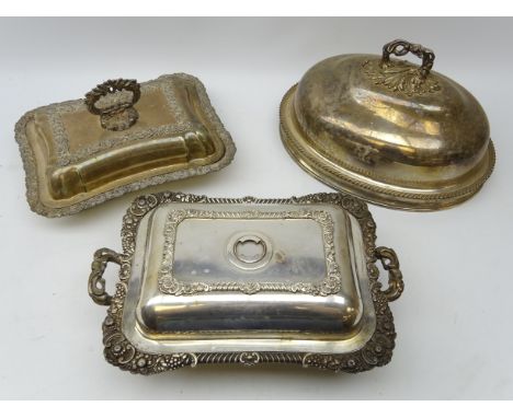 Victorian silver plated rectangular entree dish and warmer, with gadroon and floral border on splayed feet, another entree di