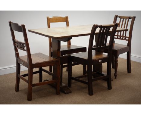 Early 20th century oak refectory style dining table, solid end supports joined by single stretcher, sledge supports (W122cm, 