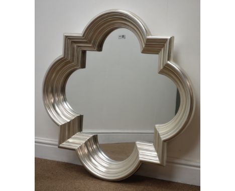 Modern silver finish moulded shaped wall mirror, D86cm