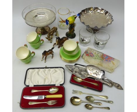 1911 Coronation Souvenir paper serviette, two Beswick Bay foals, Royal Belvedere pottery fawn, two EPNS stands, cutlery etc, 